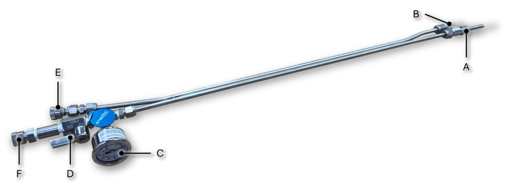 Identification des composantes de la sonde ATM-SS-P-600-5KIT. Les composantes de la sonde sont reliés par des lignes à des lettres de A à F.