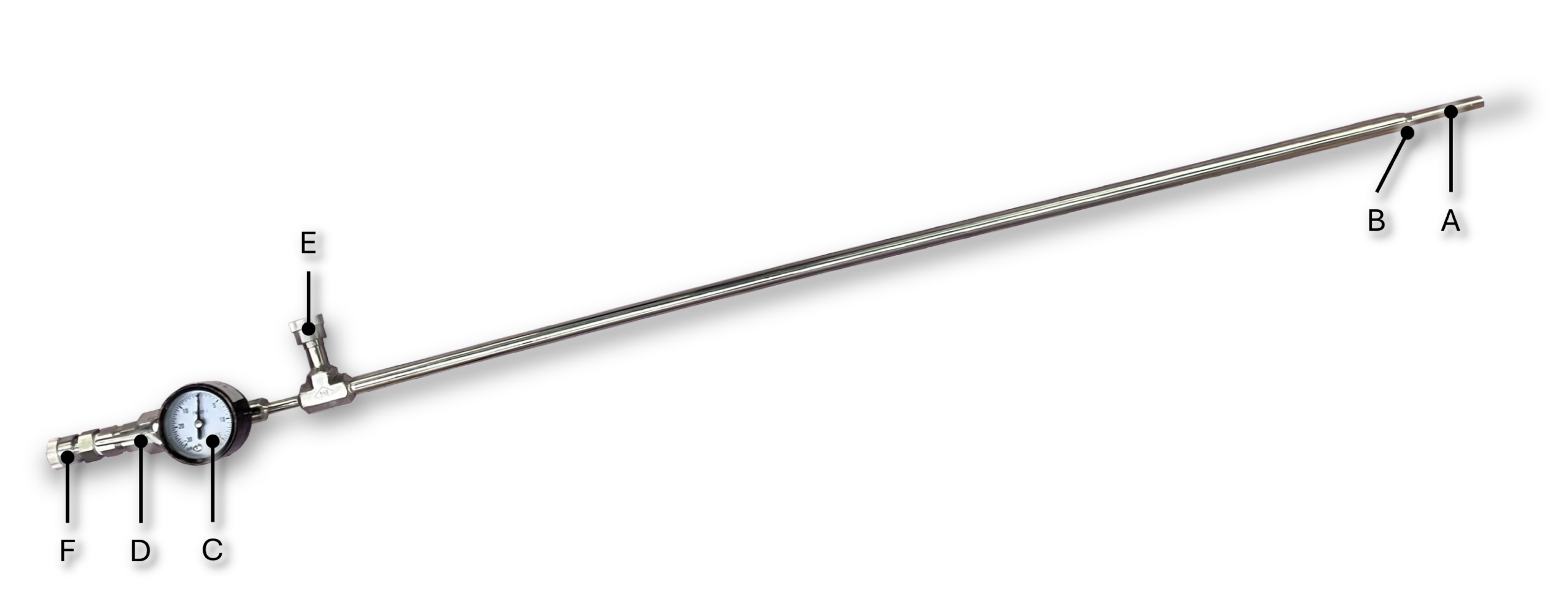 Identification des composantes de la sonde d'échantillonnage compacte ATM-SS-P-600-C-1840. Les composantes de la sonde sont reliés par des lignes à des lettres de A à F.